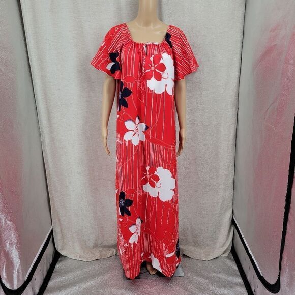 Hawaii Nei 70s Maxi Dress Kaftan Red Navy White Tropical Flutter Sleeves Women's - Picture 2 of 8